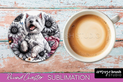 West Highland White Terrier Round Coaster - Dog Mom Floral Coaster Sublimation Sublimation OrangeBrushStudio 