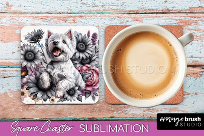 West Highland White Terrier Square Coaster - Dog Mom Floral Coaster Sublimation Sublimation OrangeBrushStudio 