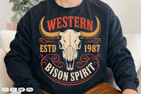 Western Bison Spirit Estd 1987 Vintage Bull Skull Graphic T-Shirt SVG DesignDestine 