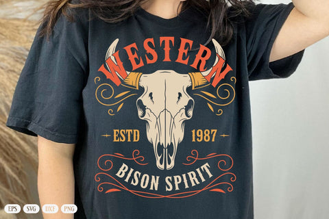 Western Bison Spirit Estd 1987 Vintage Bull Skull Graphic T-Shirt SVG DesignDestine 