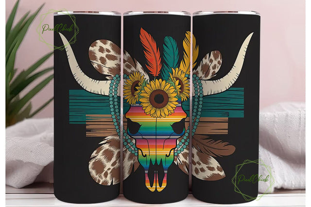 Western Boho Longhorn 20oz Tumbler Wrap Sublimation PixelChick 