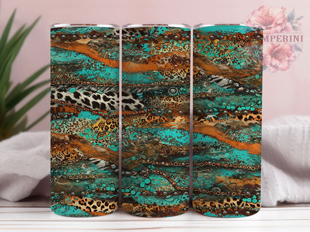 Western Brushstroke Leopard Cowhide Tumbler Wrap, Turquoise Western Design, Seamless Cow Print, Southwest Tumbler Sublimation, Boho Western Cup, Rodeo Country Style Sublimation Li Zamperini 