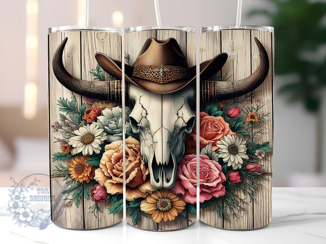 Western Bull Skull 20oz Skinny Tumbler, Cow Skull Tumbler Png, Straight & Tapered Tumbler Wrap, Instant Digital Download Sublimation ToriDesigns 