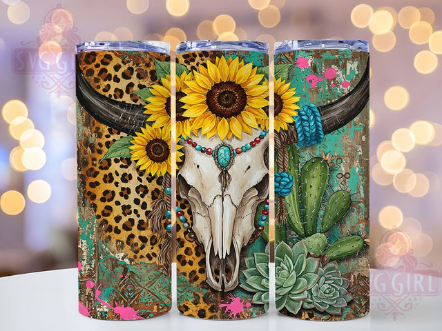 Western Bull Skull Cactus Sunflower Tumbler, Cactus Sunflower Tumbler, Leopard Print Tumbler, 20oz Tumbler Sublimation, Rustic Cowgirl Tumbler, Digital Tumbler Wrap, Boho Western Tumbler Sublimation SvggirlplusArt 