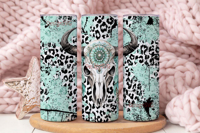 Western Bullskull Tumbler Wrap, Leopard Rhinestone Tumbler Wrap 20oz, Downloadable PNG Sublimation DesignSVG 