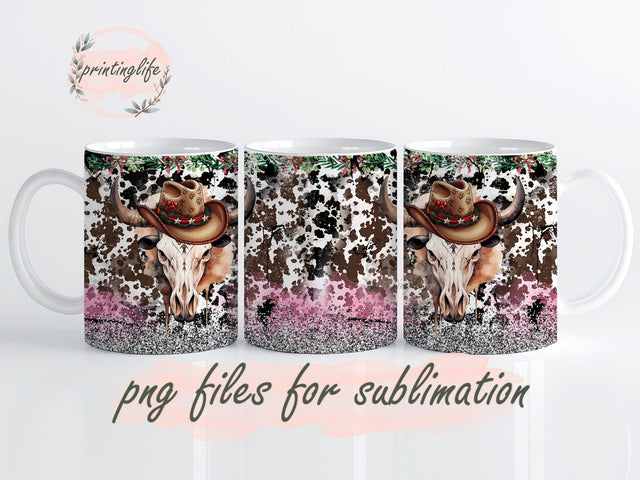 Western Christmas Mug Wrap Sublimation Digital Download, Bull Cow Skull Designs, Christmas Western Mug Png Sublimation PrintingLife 
