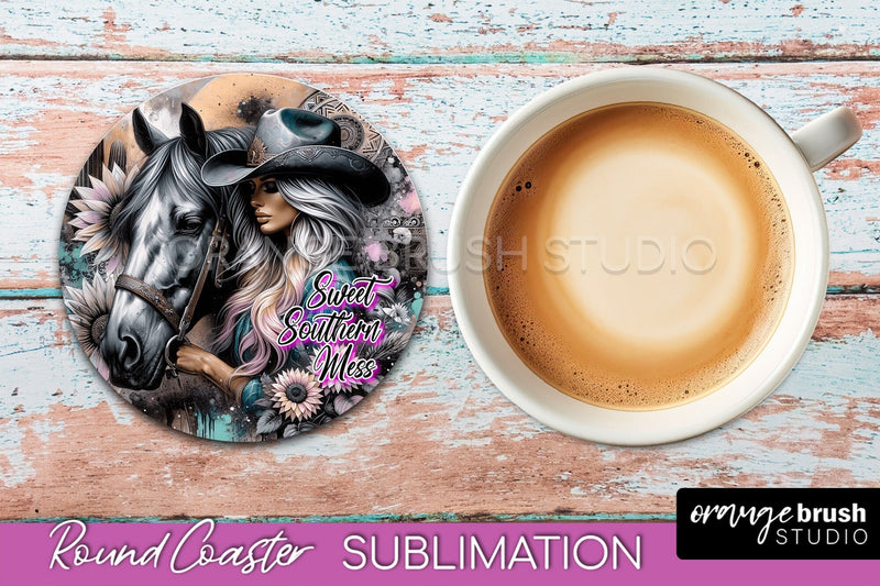 Western Coaster Sublimation - Cowgirl Round Coaster PNG Sublimation OrangeBrushStudio 