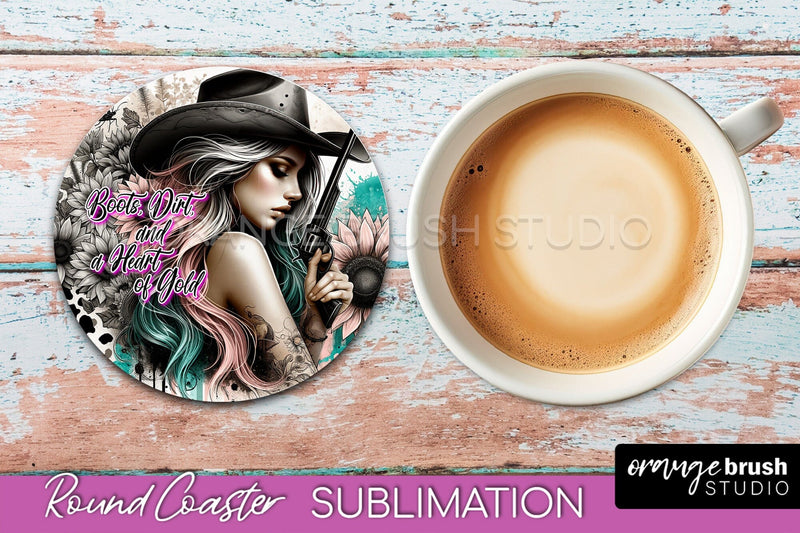 Western Coaster Sublimation - Cowgirl Round Coaster PNG Sublimation OrangeBrushStudio 