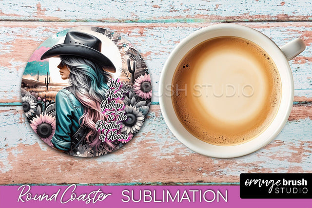 Western Coaster Sublimation - Cowgirl Round Coaster PNG Sublimation OrangeBrushStudio 
