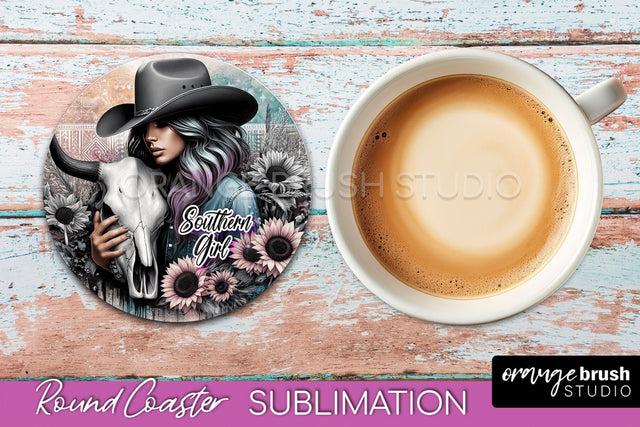 Western Coaster Sublimation - Cowgirl Round Coaster PNG Sublimation OrangeBrushStudio 