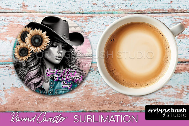 Western Coaster Sublimation - Cowgirl Round Coaster PNG Sublimation OrangeBrushStudio 