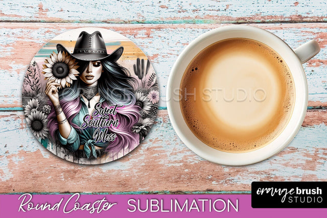 Western Coaster Sublimation - Cowgirl Round Coaster PNG Sublimation OrangeBrushStudio 