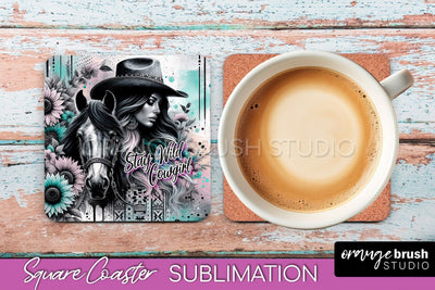 Western Coaster Sublimation - Cowgirl Square Coaster PNG Sublimation OrangeBrushStudio 