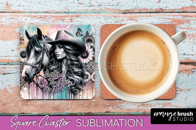 Western Coaster Sublimation - Cowgirl Square Coaster PNG Sublimation OrangeBrushStudio 