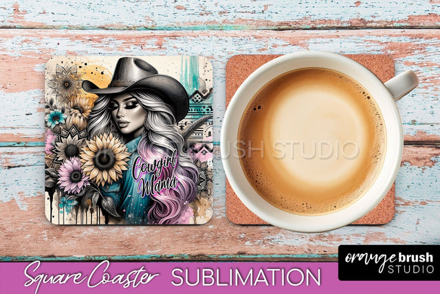 Western Coaster Sublimation - Cowgirl Square Coaster PNG Sublimation OrangeBrushStudio 