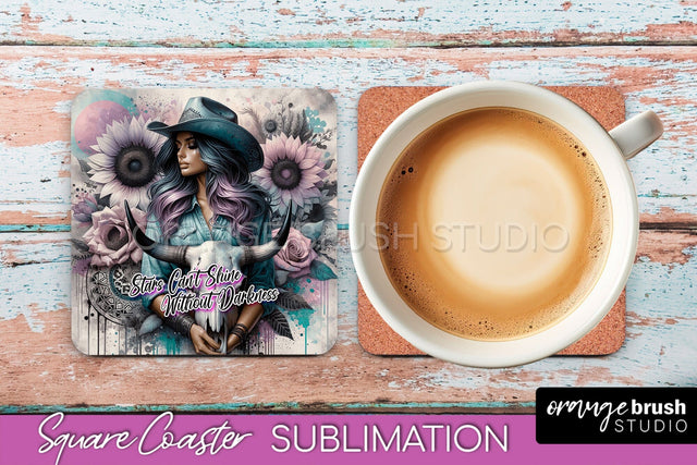 Western Coaster Sublimation - Cowgirl Square Coaster PNG Sublimation OrangeBrushStudio 