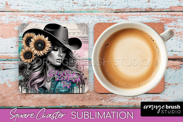Western Coaster Sublimation - Cowgirl Square Coaster PNG Sublimation OrangeBrushStudio 