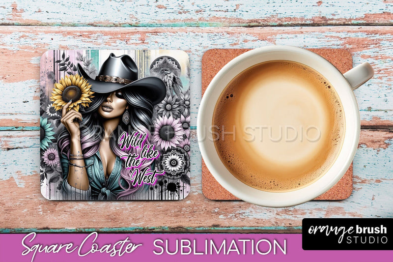 Western Coaster Sublimation - Cowgirl Square Coaster PNG Sublimation OrangeBrushStudio 