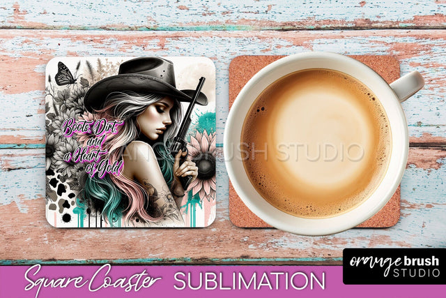 Western Coaster Sublimation - Cowgirl Square Coaster PNG Sublimation OrangeBrushStudio 