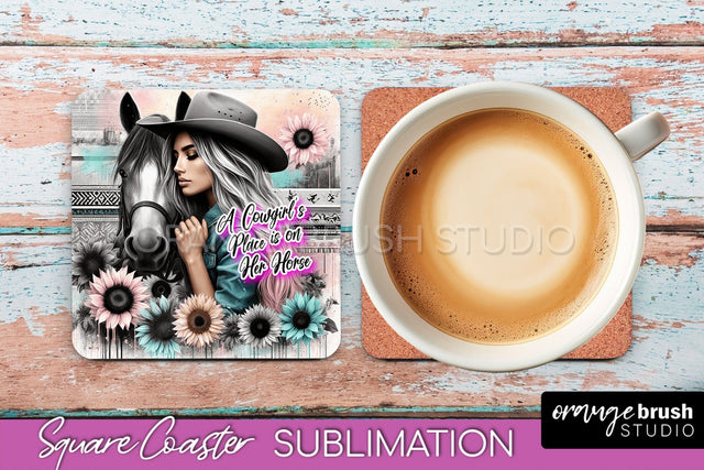 Western Coaster Sublimation - Cowgirl Square Coaster PNG Sublimation OrangeBrushStudio 
