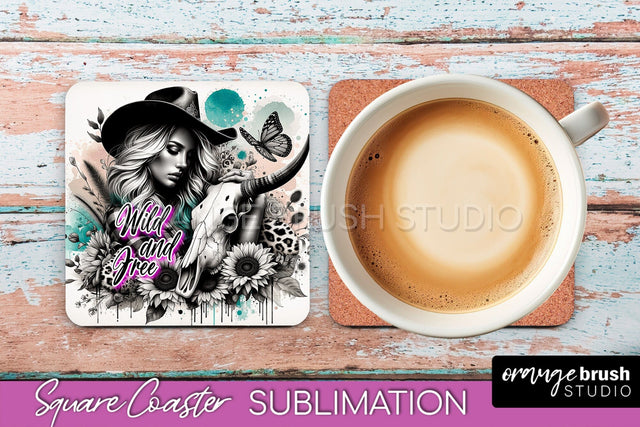 Western Coaster Sublimation - Cowgirl Square Coaster PNG Sublimation OrangeBrushStudio 