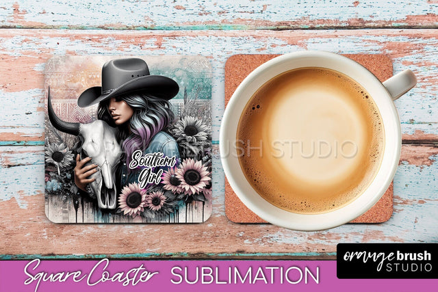 Western Coaster Sublimation - Cowgirl Square Coaster PNG Sublimation OrangeBrushStudio 