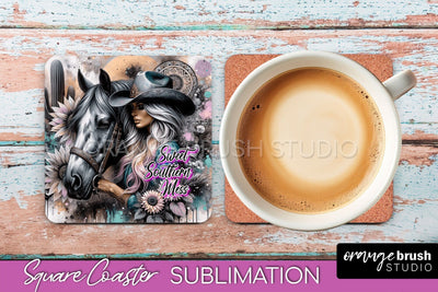 Western Coaster Sublimation - Cowgirl Square Coaster PNG Sublimation OrangeBrushStudio 