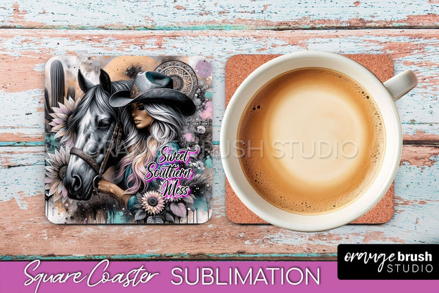 Western Coaster Sublimation - Cowgirl Square Coaster PNG Sublimation OrangeBrushStudio 