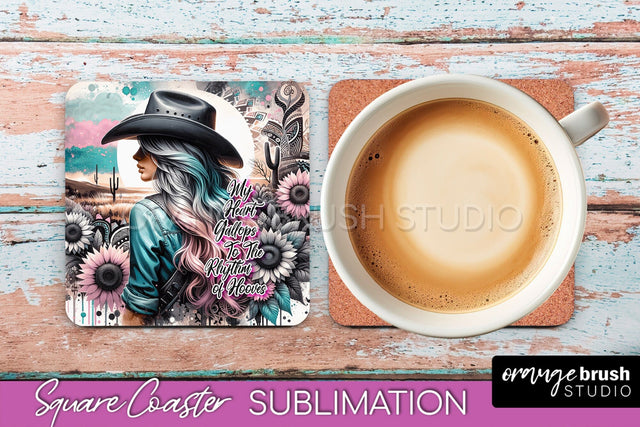 Western Coaster Sublimation - Cowgirl Square Coaster PNG Sublimation OrangeBrushStudio 
