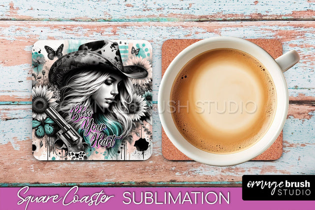 Western Coaster Sublimation - Cowgirl Square Coaster PNG Sublimation OrangeBrushStudio 