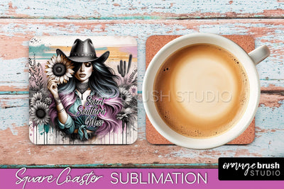 Western Coaster Sublimation - Cowgirl Square Coaster PNG Sublimation OrangeBrushStudio 