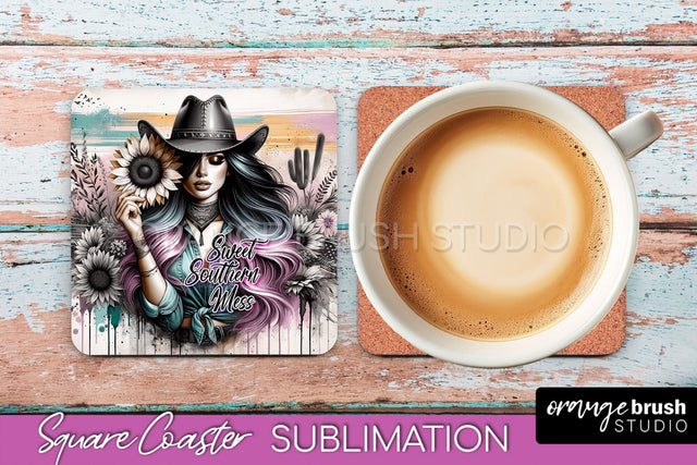 Western Coaster Sublimation - Cowgirl Square Coaster PNG Sublimation OrangeBrushStudio 