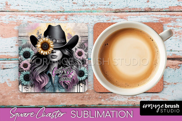 Western Coaster Sublimation - Cowgirl Square Coaster PNG Sublimation OrangeBrushStudio 