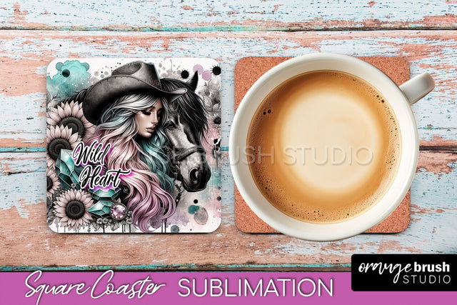 Western Coaster Sublimation - Cowgirl Square Coaster PNG Sublimation OrangeBrushStudio 