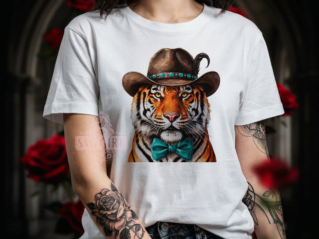 Western Coquette Tiger T-Shirt PNG, Cowboy Tiger, Turquoise Hat, Teal Bow Tie, Sublimation PNG, Country Style, Wild West Fashion Sublimation SvggirlplusArt 