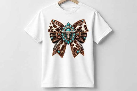 Western Cow Print Bow PNG | Turquoise Longhorn Sublimation PNG SVG BillahCrafts 