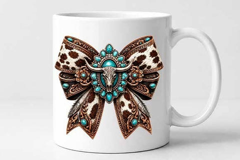 Western Cow Print Bow PNG | Turquoise Longhorn Sublimation PNG SVG BillahCrafts 