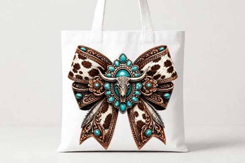 Western Cow Print Bow PNG | Turquoise Longhorn Sublimation PNG SVG BillahCrafts 