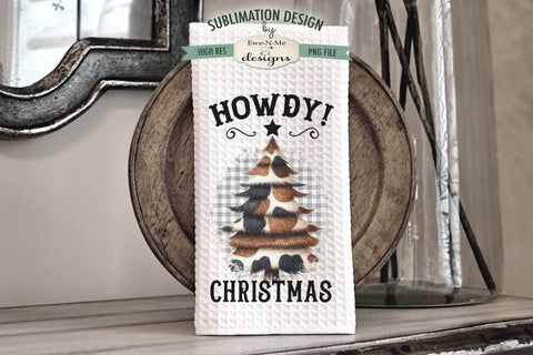 Western Cow Print Howdy Christmas Trees Kitchen Towel Sublimation Sublimation Ewe-N-Me Designs 