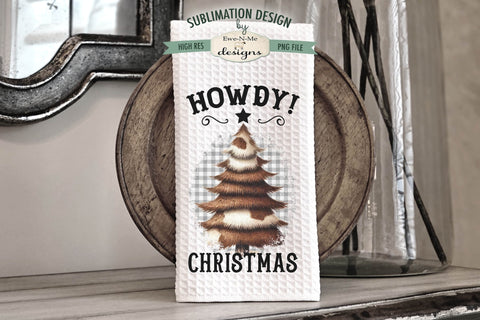 Western Cow Print Howdy Christmas Trees Kitchen Towel Sublimation Sublimation Ewe-N-Me Designs 