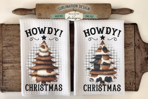 Western Cow Print Howdy Christmas Trees Kitchen Towel Sublimation Sublimation Ewe-N-Me Designs 