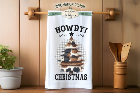 Western Cow Print Howdy Christmas Trees Kitchen Towel Sublimation Sublimation Ewe-N-Me Designs 
