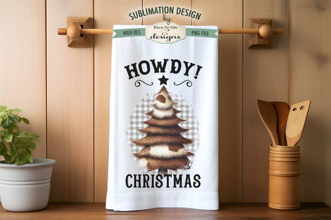Western Cow Print Howdy Christmas Trees Kitchen Towel Sublimation Sublimation Ewe-N-Me Designs 