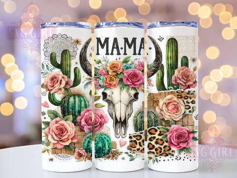 Western Cow Skull MAMA Roses 20oz Tumbler Wrap Sublimation Design, Straight Tapered Tumbler Wrap, Boho Cow Skull Leopard Tumbler Png, Instant Digital Download Sublimation SvggirlplusArt 
