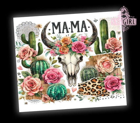 Western Cow Skull MAMA Roses 20oz Tumbler Wrap Sublimation Design, Straight Tapered Tumbler Wrap, Boho Cow Skull Leopard Tumbler Png, Instant Digital Download Sublimation SvggirlplusArt 