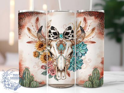 Western Cow Skull Turquoise 20oz Tumbler, Turquoise Horns, Copper Pattern, Cowgirl Theme, Decorated Skull, Skinny Tumbler, Sublimation PNG Sublimation ToriDesigns 