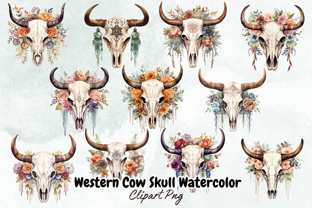 Western Cow Skull Watercolor Bundle Sublimation Designangry 