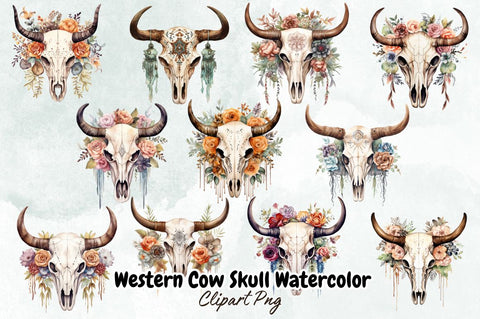 Western Cow Skull Watercolor Bundle Sublimation Designangry 