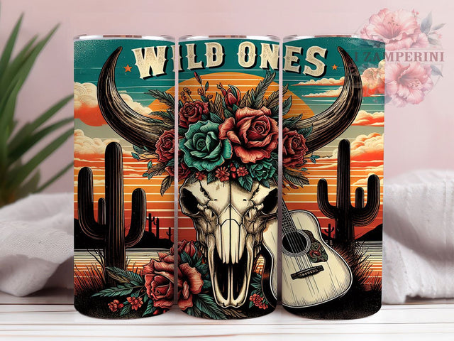 Western Cow Skull Wild Ones Tumbler, Wild Ones Cow Skull, Rustic Skull Design, Boho Western Tumbler, Cow Skull Wrap, Western Drinkware, Skull and Bones Tumbler Sublimation Li Zamperini 