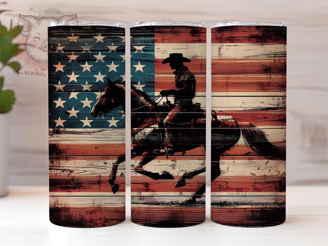 Western Cowboy American Flag Tumbler, Western Cowboy Design, Rustic Tumbler, Vintage Flag Drinkware, Patriotic Cowboy, Western Decor Tumbler, American Spirit Tumbler Sublimation Lara' s Designs 